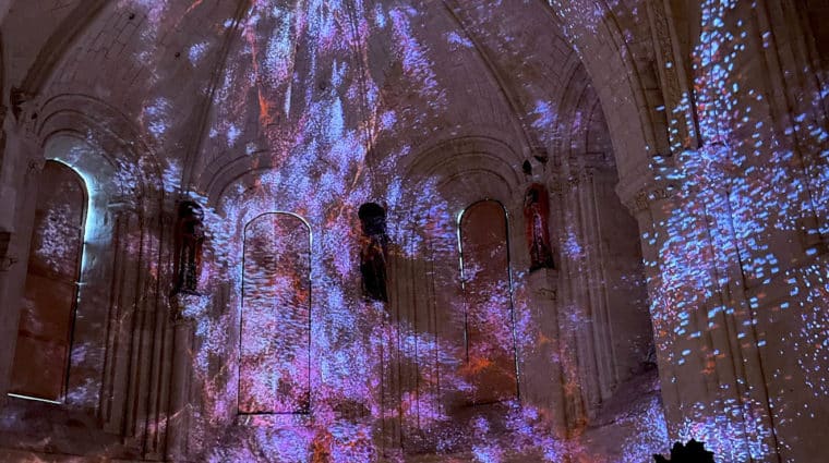Dark cathedral with small purple, red and blue lights shining on the walls and ceiling, outline of a person looking up and smiling.